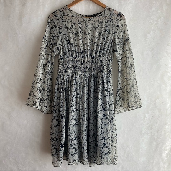 Zara Basic Beige Black Floral Long Sleeve Boho Dress Smocked Waist Women’s M - Picture 1 of 11
